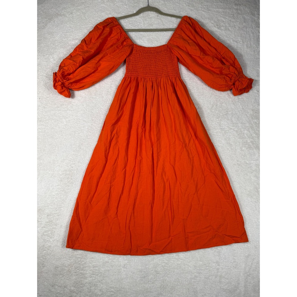 o.p.t Smocked Midi Dress Womens XS Orange Good Puff Sleeve Cottagecore Romantic